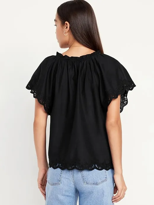 Split-Neck Eyelet Top