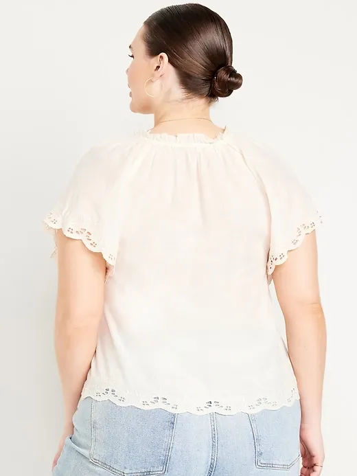 Split-Neck Eyelet Top