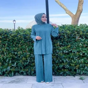 Stylish Solid Color Malaysia Plus Size Women Baju Kurung Modest Islamic Clothing Sets Pleated 2 Pcs Abaya Suit    S397400