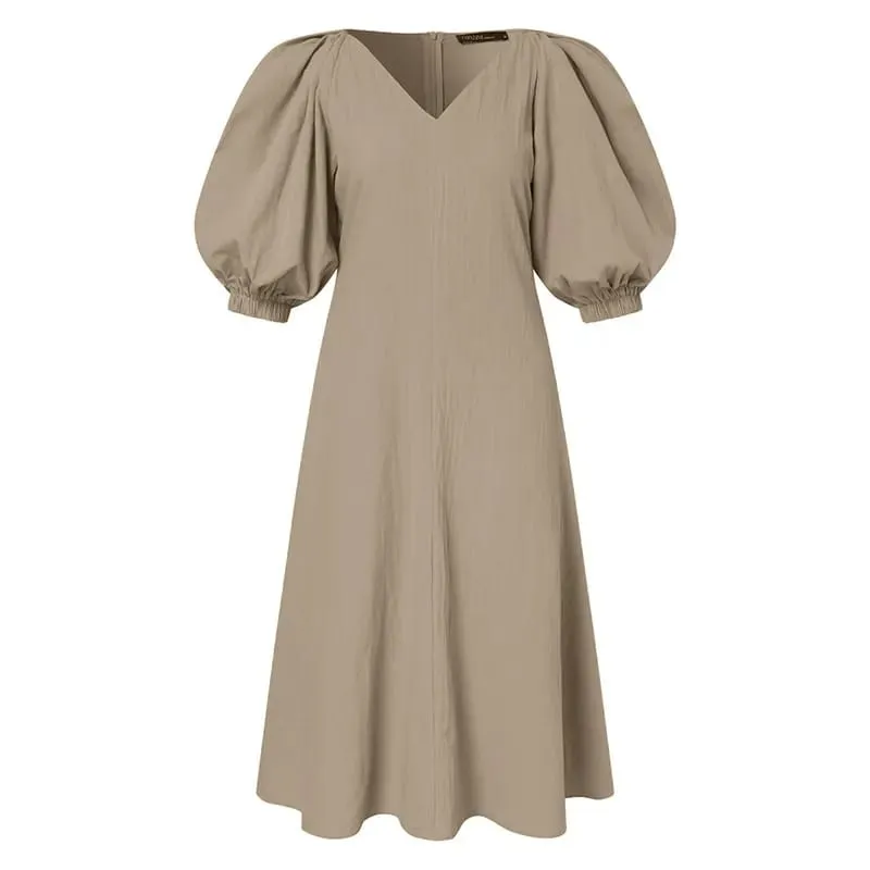 Stylish V neck Dress Women's Summer Sundress ZANZEA Casual Puff Sleeve Mid-calf Vestido Female Solid Holiday Robe S4098767