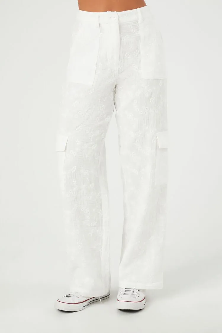 Textured Floral Wide-Leg Cargo Pants
