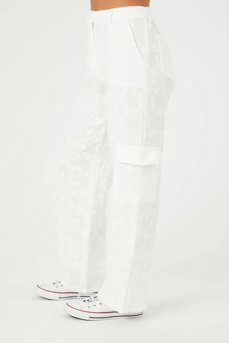 Textured Floral Wide-Leg Cargo Pants