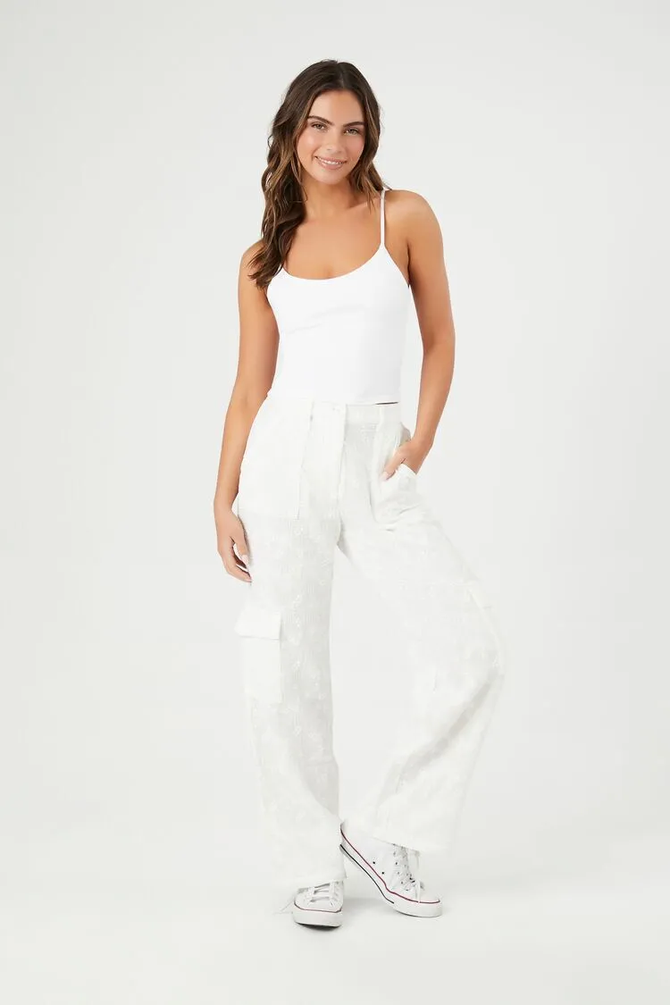 Textured Floral Wide-Leg Cargo Pants