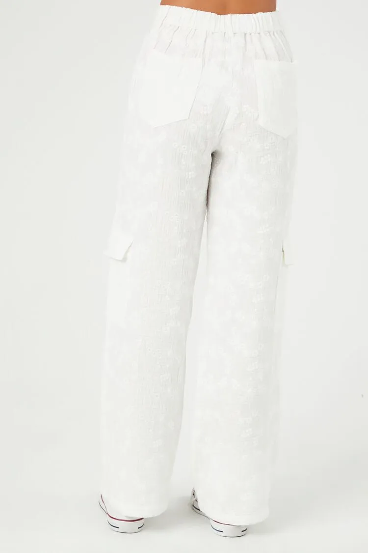 Textured Floral Wide-Leg Cargo Pants