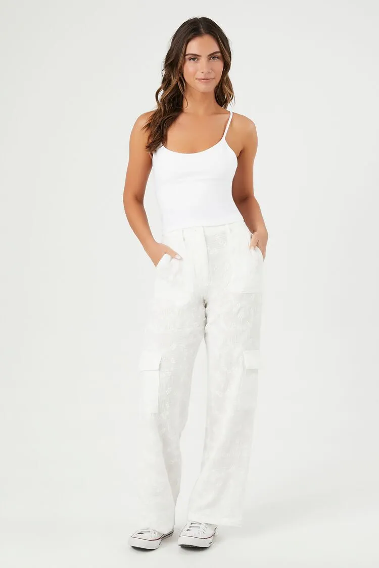 Textured Floral Wide-Leg Cargo Pants