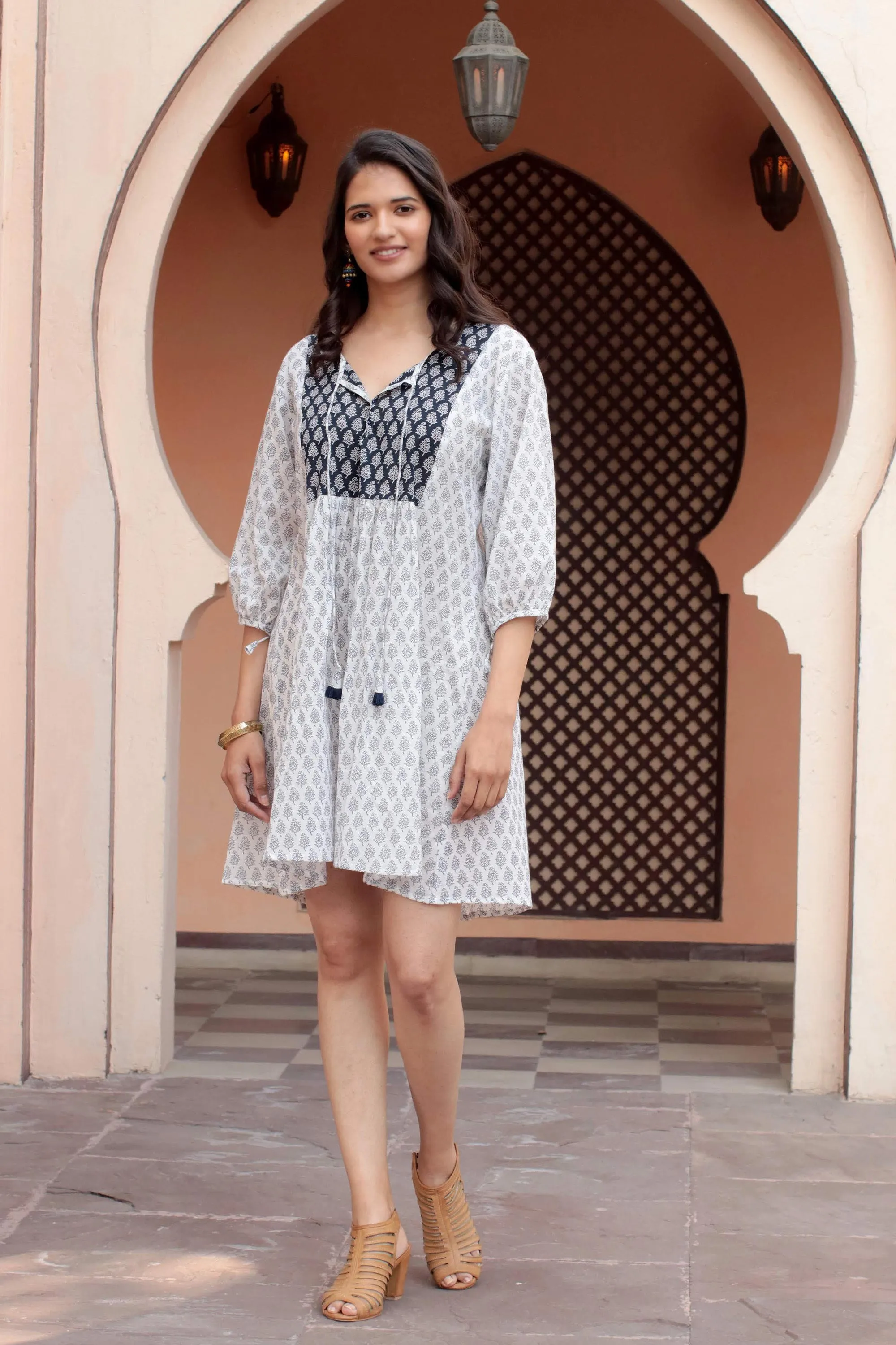 Warm Days Screen Printed Floral Cotton Drawstring Dress from India