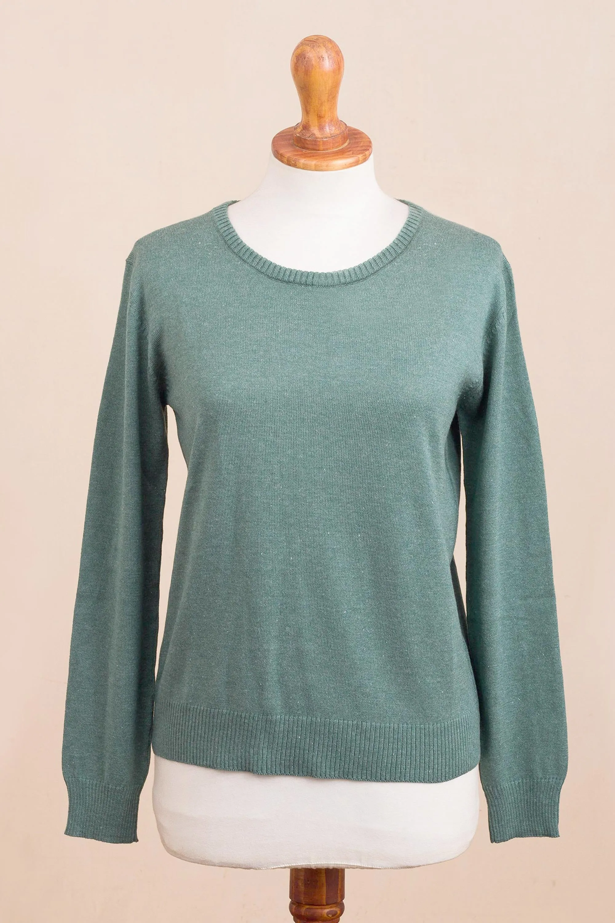 Warm Valley in Viridian Knit Cotton Blend Pullover in Viridian from Peru